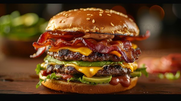 Gourmet triple cheeseburger with bacon, cheese, avocado, and lettuce on a sesame bun, ai generated,