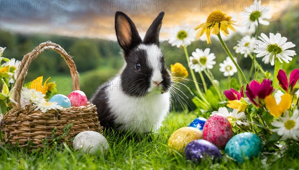 Ai generated, An Easter basket with coloured eggs in a meadow with colourful flowers, in the basket