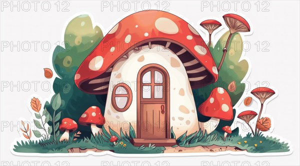 Flat style cartoon illustration of a red mushroom house with a wooden doorway and surrounding