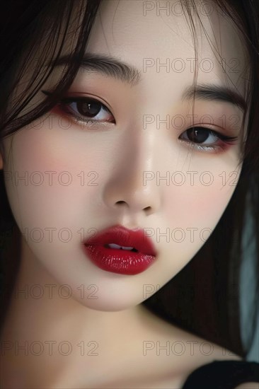 Portrait of beautiful young Asian woman with dark long hair, pale skin and red overdrawn lips. KI