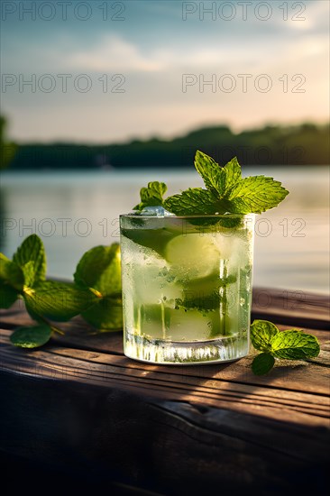 Classic mojito with fresh mint leaves resting on a weathered wooden dock calm lake waters
