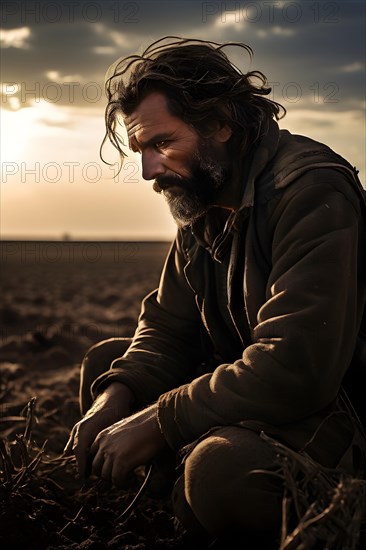 Desolate fields of withered crops clutching at arid earth a forlorn farmer surveys the devastation,