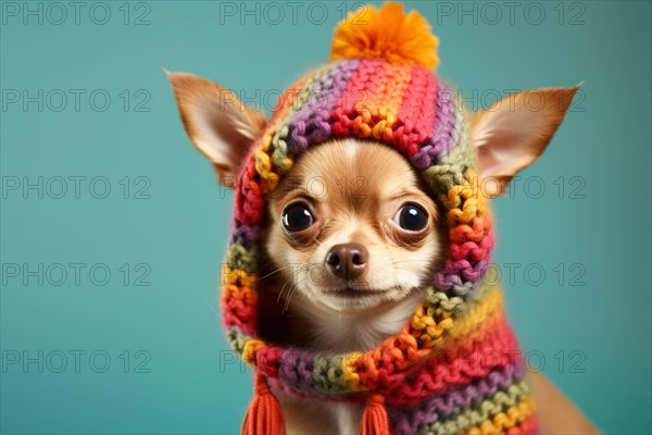 Cute small Chihuahua dog with colorful knitted winter hat in front of blue studio background, AI