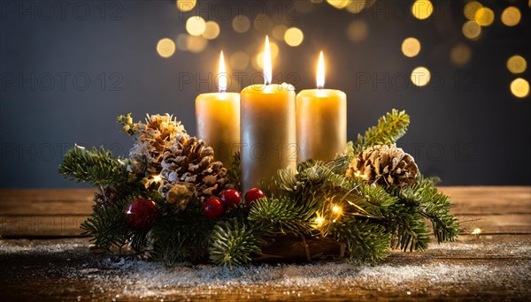 Ai generated, Advent wreath with burning candles, Christmas time, Christmas decoration, 3rd Advent,