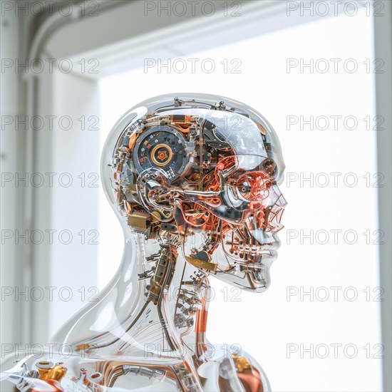 Medical a human head with brain and computer chip, symbol image KI in the human brain, ai