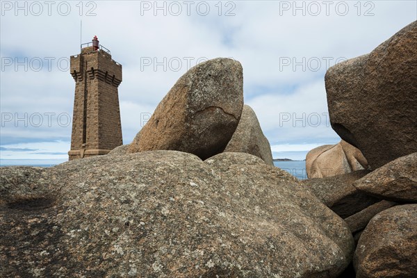 Lighthouse and granite rock, Phare de Ploumanac'h, Phare de Mean Ruz, Cote de Granit Rose,