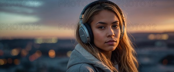 Focused caucasian blonde woman with headphones wearing a hoodie against a city backdrop at dusk,