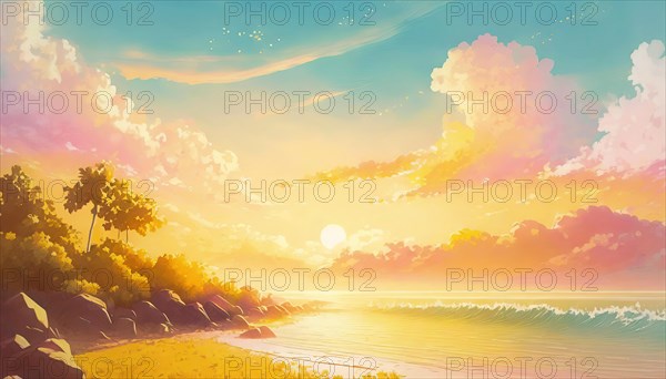 Summertime seaside pastel colors illustration. Summer sunset scene on a tropical beach. Sea holiday