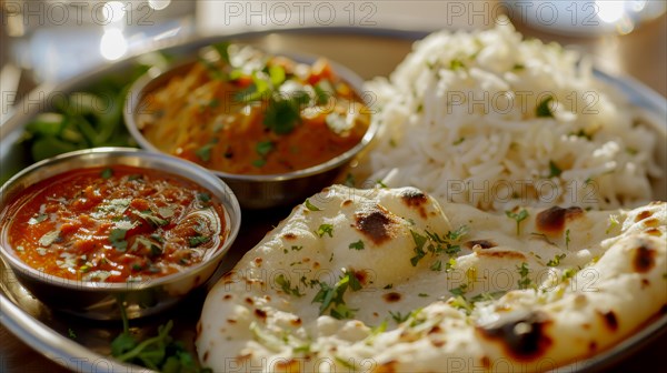 A sunlit Indian thali featuring curry, rice and naan bread for a fresh lunch, ai generated, AI