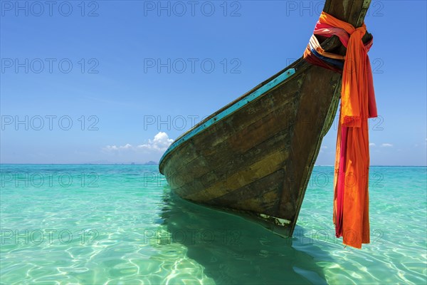 Longtail boat, fishing boat, wooden boat, decorated, tradition, traditional, faith, cloth,