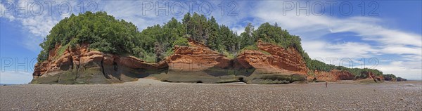 Panorama, wooded cliffs, red sandstone, Five Islands Provincial Park, Fundy Bay, Nova Scotia,