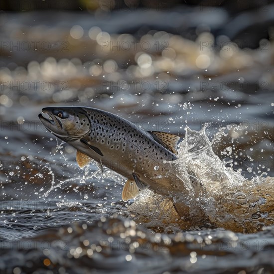 Salmon (Salmo salar) on the migration and swim up a stream in shallow, clear water, ai generiert,