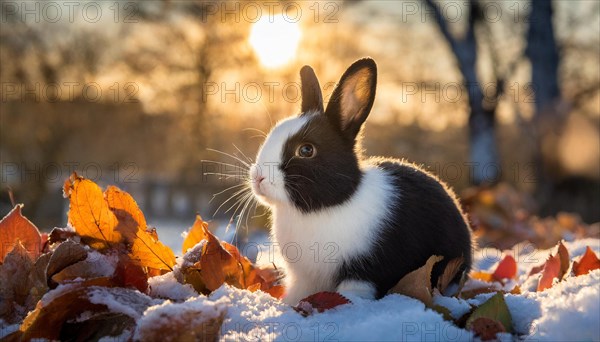 KI generated, A black and white dwarf rabbit in a meadow with autumn leaves, onset of winter, ice,