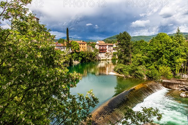View from the 15th century Ponte del Diavolo leading over the Natisone river into the historic