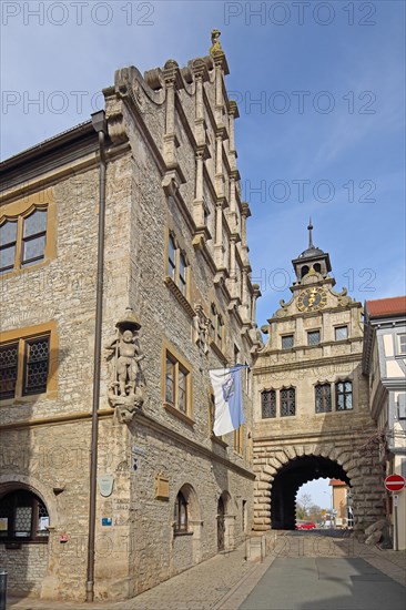 Renaissance town hall built in 1580 and historic Main Gate, town gate, gate tower, Marktbreit,