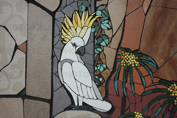 Wall mosaic with yellow-crested cockatoo by Isidora Paz Lopez 2019, one, white, yellow, bird