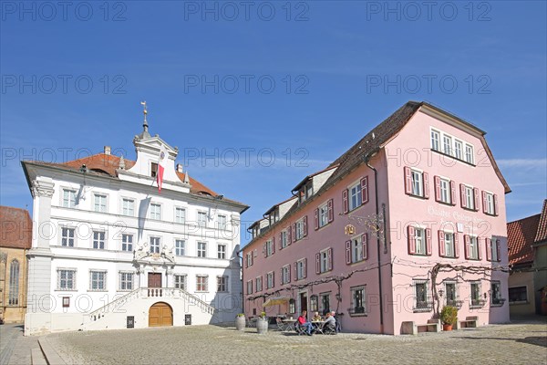 Baroque town hall and Goldene Krone inn, street pub, market square, Iphofen, Lower Franconia,