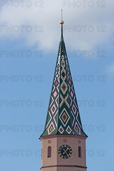 Spire with pattern of the late Gothic St. Maria am See church built in the 15th century, white,