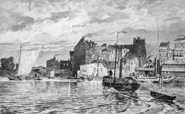 Arrival in the harbour of Szczecin, Baltic Sea, city, steamship, sailing ship, building, Poland,
