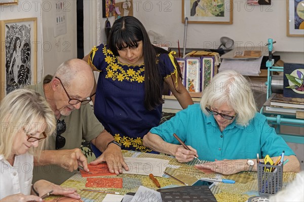Oaxaca, Mexico, Alejandra Canseco Alhil leads an engraving workshop at her art studio, Alalimon