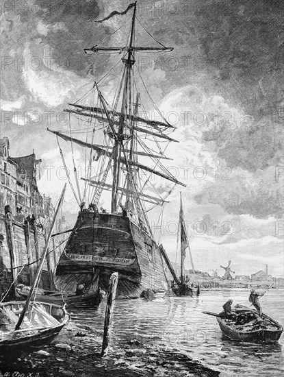 Maid Lucia of Glueckstadt, Elbe, harbour, tall ship, masts, rowing boat, building,