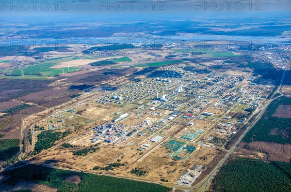 PCK Raffinerie Schwedt, aerial view, refinery, oil refining, Brandenburg, Uckermark, Oder, Schwedt,