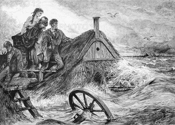 Storm surge, North Sea, coast, landfall, family, distress, disaster, sinking, thatched house,