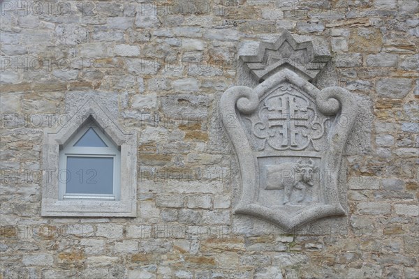 Town coat of arms with ox figure, bull figure, stone, relief, gymnastics club, Ochsenfurt, Lower