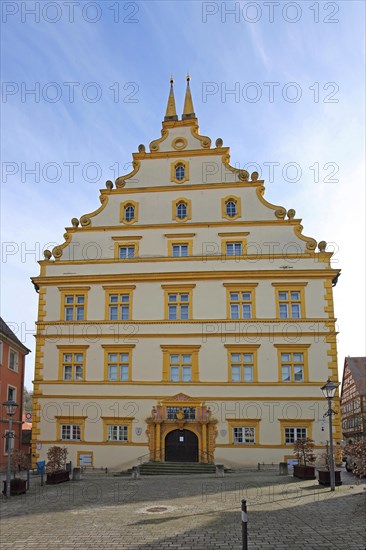 Renaissance castle built in 1580 with tail gable, yellow, Marktbreit, Lower Franconia, Franconia,
