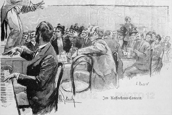 Concert in a coffee house, Vienna, music, piano player, performance, audience, set tables, waiter,