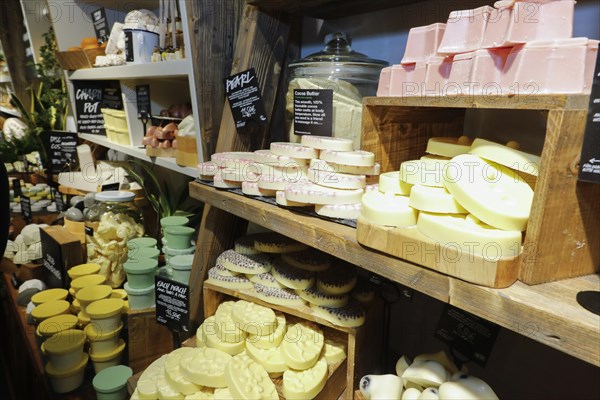 Unpackaged Lush cosmetic products.240 sustainable alternatives to packaged cosmetics are offered in
