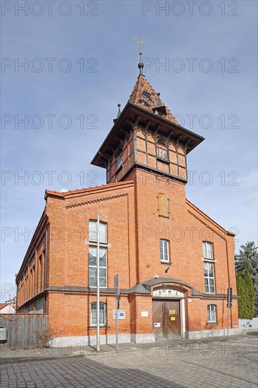Municipal gymnasium, red brick building with spire, tower, Bad Windsheim, Middle Franconia,