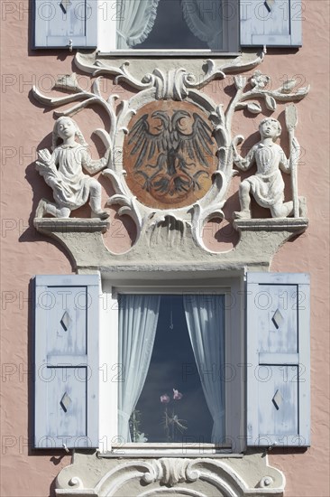 Window in a historic house with Lueftlmalerei in Ludwigstrasse, Partenkirchen district,