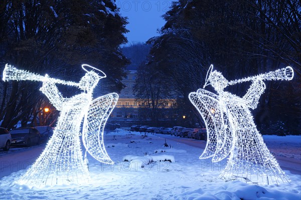 Illuminated Christmas angels, Karlovy Vary, Czech Republic, Karlovy Vary, West Bohemia, Czech