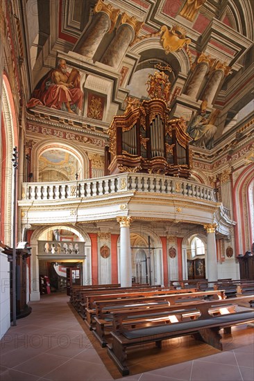 Interior view with organ and ceiling fresco by Giovanni Francesco Marchini 1729, gallery, mock