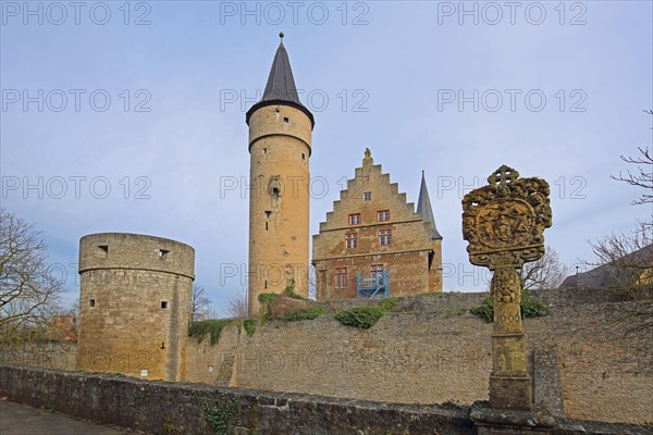 Palatium with Nikolausturm and Dicker Turm, historic town fortifications with wayside shrine, town