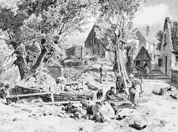 Fishing village Ellerbek, Kiel, Baltic Sea, rural idyll, brook, bridge, building, shed, people,