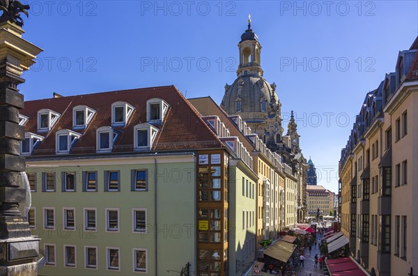 Picturesque view from Bruehl's Terrace through Muenzgasse to the Church of Our Lady in Dresden,