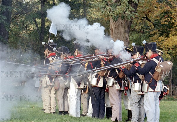 Actors in historical uniforms re-enact the battle in historical battle scenes on the 185th