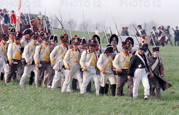 Actors in historical uniforms re-enact the battle in historical battle scenes on the 185th