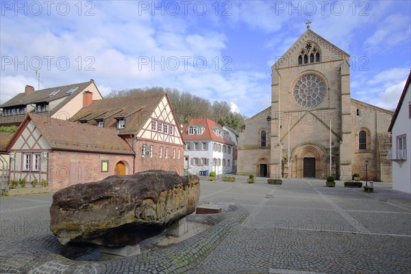 Romanesque abbey church with fountain stone, church square, Otterberg, Palatinate Forest,