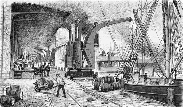 Steam-driven crane unloading ships in Hamburg harbour, quay, horse-drawn carriage, steam ship,