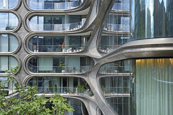 Facade of residential building 520 West 28th Street by architect Zaha Hadid, at High Line Park,