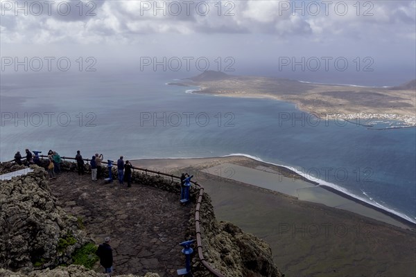 View from Mirador del Rio to Salinos del Rio and Isla Graciosa, Lanzarote, Canary Islands, Spain,