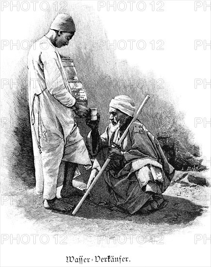Water seller in Cairo, Egypt, two men, old man, turban, stick, water glass, Africa, historical