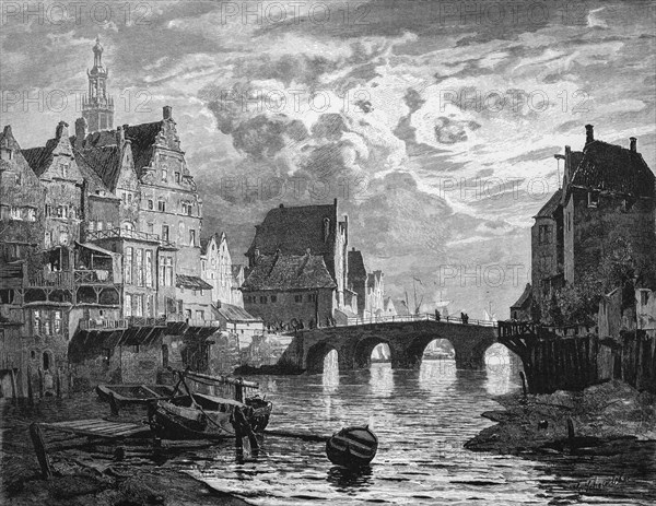The Delft in Emden, Lower Saxony, inland harbour, harbour basin, bridge, gabled houses, crane,