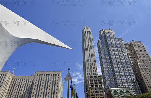 Top of the Oculus Building and skyscrapers, World Trade Centre Station, Transportation Hub, Ground