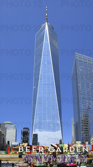Beer garden in front of One World Trade Centre or Freedom Tower, Ground Zero, Lower Manhattan, New