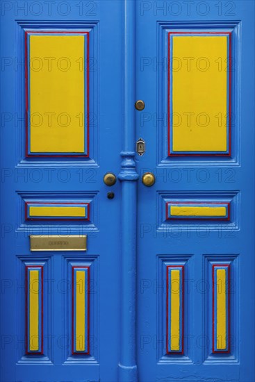 Typical colourful front door in Alfama, yellow, blue, lacquer, varnished, door, entrance,