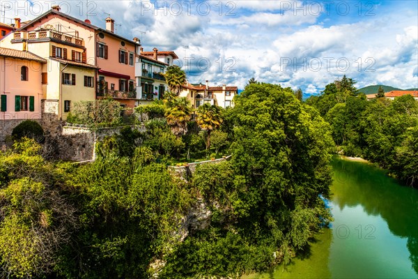 View from the 15th century Ponte del Diavolo leading over the Natisone river into the historic